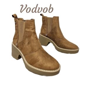 Vodvob Ankle Boots Womens Sz 7 Carmel Faux Suede Chelsea Pull On Chunky Heel